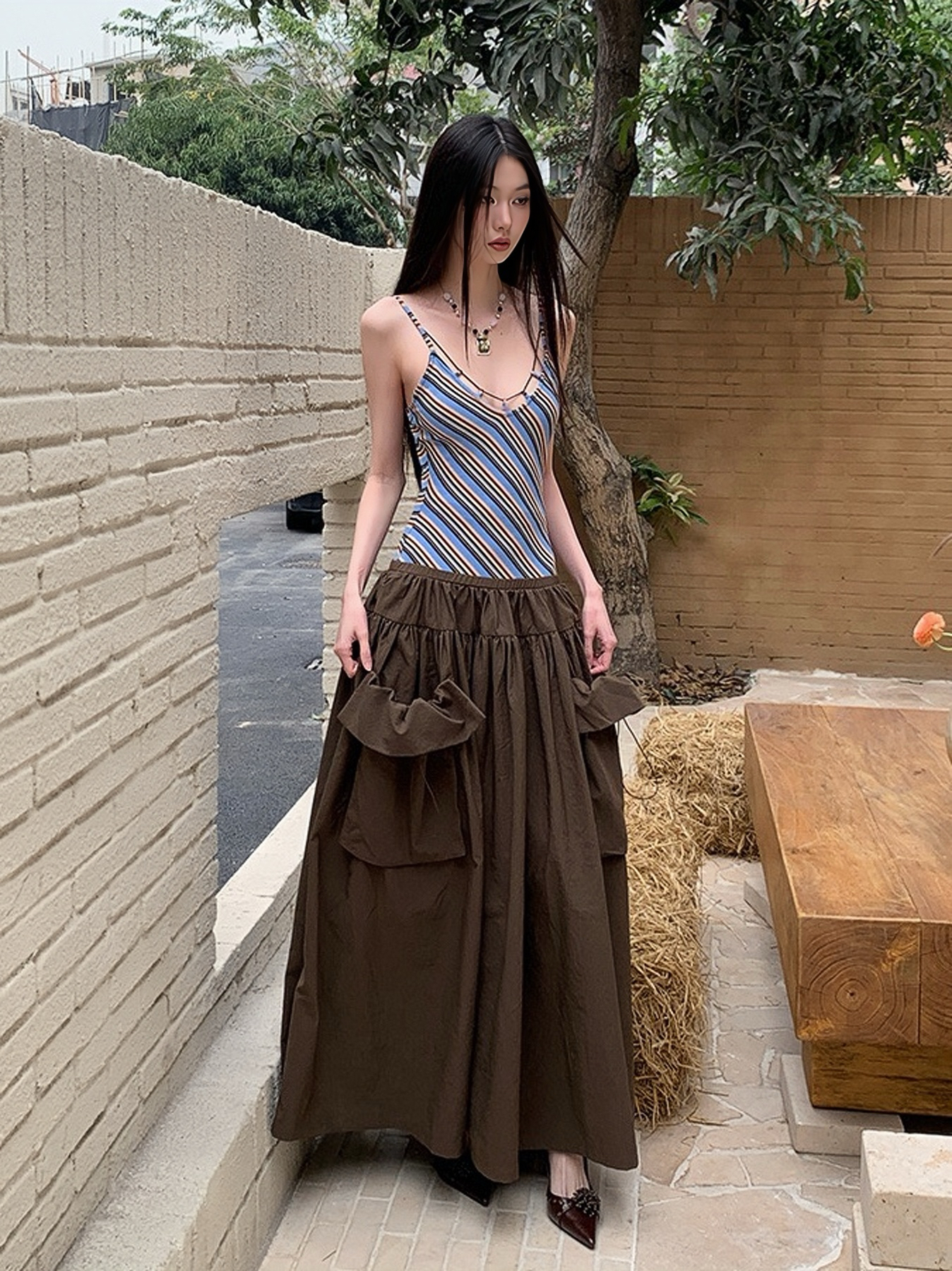 Vintage Summer Striped Spliced Design Faux Two-Piece Long Camisole Dress - Y2K Inspired Fashion Vintage Summer Striped Spliced Design Faux Two-Piece Long Camisole Dress - Y2K Inspired Fashion