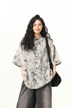 Vintage Tie-Dye Short Sleeve Shirt for Women - Wild A-Zi National Style Ink Wash, Retro American Trendy Fashion Top