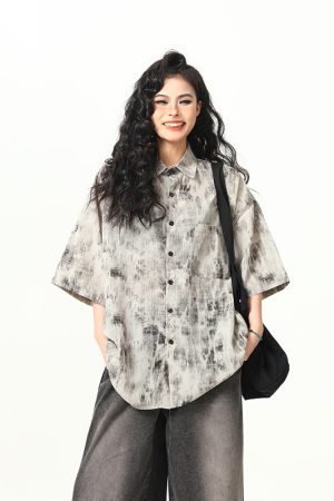 Vintage Tie-Dye Short Sleeve Shirt for Women - Wild A-Zi National Style Ink Wash, Retro American Trendy Fashion Top