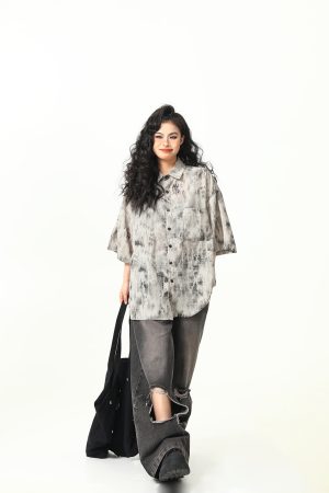 Vintage Tie-Dye Short Sleeve Shirt for Women - Wild A-Zi National Style Ink Wash, Retro American Trendy Fashion Top