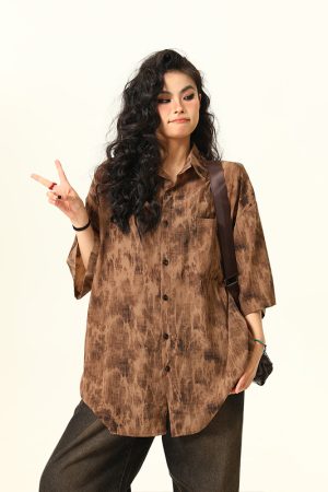 Vintage Tie-Dye Short Sleeve Shirt for Women - Wild A-Zi National Style Ink Wash, Retro American Trendy Fashion Top