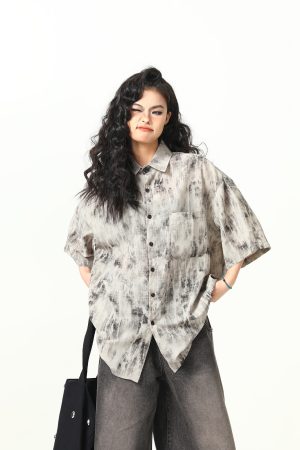 Vintage Tie-Dye Short Sleeve Shirt for Women - Wild A-Zi National Style Ink Wash, Retro American Trendy Fashion Top