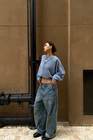 Vintage Wash Bone Position Bleached Crop Short Henry Sweatshirt - Optimized Proportions, Y2K Style, Available in 2 Colors