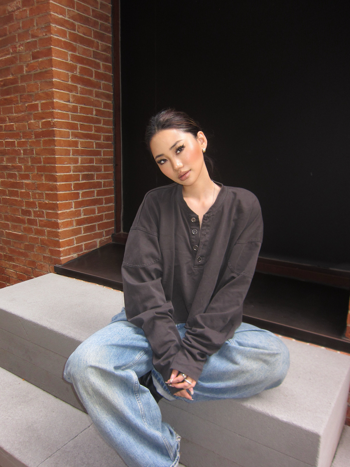 Vintage Wash Bone Position Bleached Crop Short Henry Sweatshirt - Optimized Proportions, Y2K Style, Available in 2 Colors