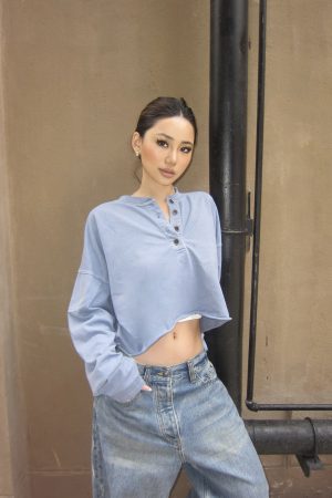 Vintage Wash Bone Position Bleached Crop Short Henry Sweatshirt - Optimized Proportions, Y2K Style, Available in 2 Colors