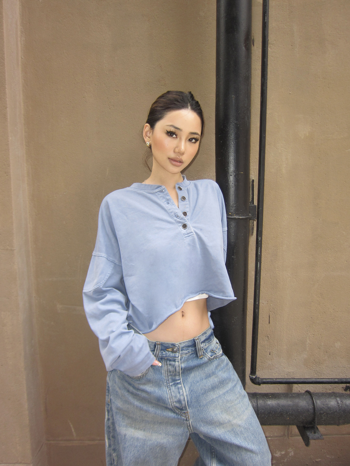 Vintage Wash Bone Position Bleached Crop Short Henry Sweatshirt - Optimized Proportions, Y2K Style, Available in 2 Colors