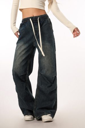 Vintage Wash Distressed Elastic Waist Women's Wide-Leg Jeans - Casual Straight Fit Beer Team Captain Style