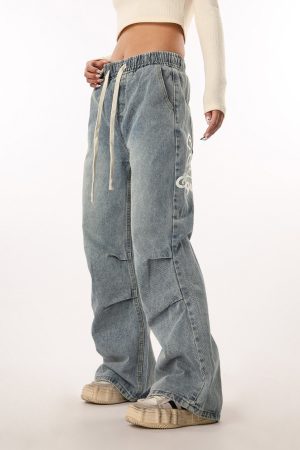 Vintage Wash Distressed Elastic Waist Women's Wide-Leg Jeans - Casual Straight Fit Beer Team Captain Style