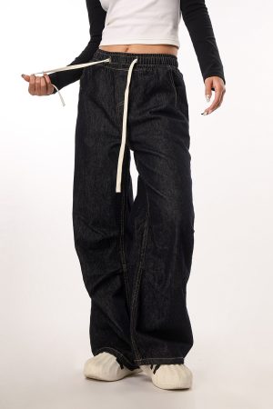 Vintage Wash Distressed Elastic Waist Women's Wide-Leg Jeans - Casual Straight Fit Beer Team Captain Style