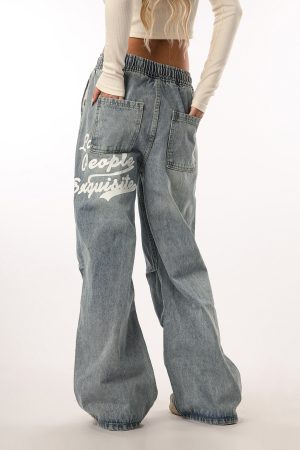 Vintage Wash Distressed Elastic Waist Women's Wide-Leg Jeans - Casual Straight Fit Beer Team Captain Style