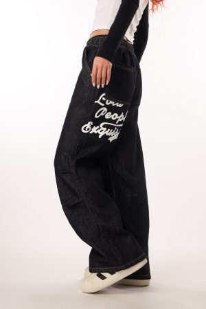 Vintage Wash Distressed Elastic Waist Women's Wide-Leg Jeans - Casual Straight Fit Beer Team Captain Style