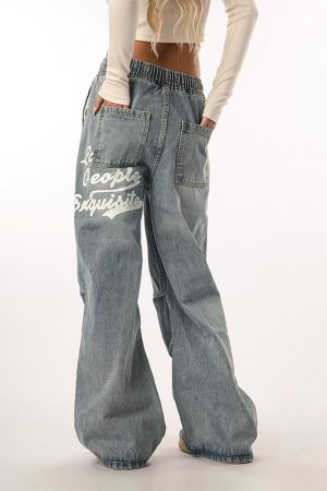 Vintage Wash Distressed Elastic Waist Women's Wide-Leg Jeans - Casual Straight Fit Beer Team Captain Style
