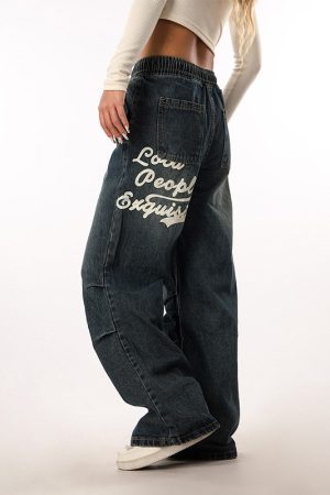 Vintage Wash Distressed Elastic Waist Women's Wide-Leg Jeans - Casual Straight Fit Beer Team Captain Style