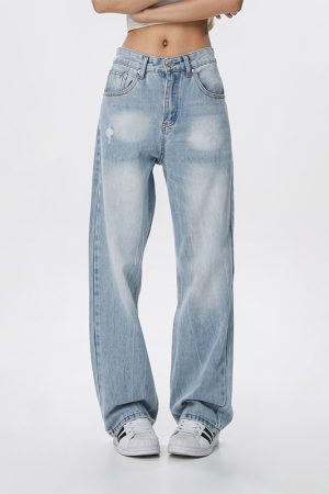 Vintage Wash Distressed Light Blue Straight Leg Jeans for Women | Wide Leg Pants Inspired by 90s American Casual Style