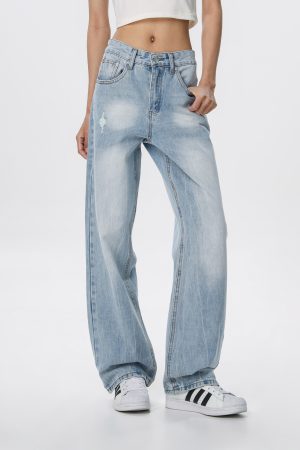 Vintage Wash Distressed Light Blue Straight Leg Jeans for Women | Wide Leg Pants Inspired by 90s American Casual Style