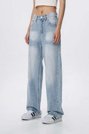 Vintage Wash Distressed Light Blue Straight Leg Jeans for Women | Wide Leg Pants Inspired by 90s American Casual Style