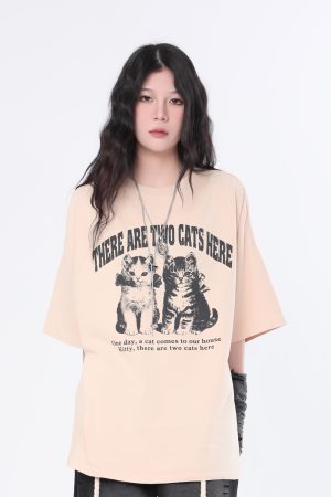 Vintage Washed Black Short Sleeve T-Shirt for Women with Niche Design - Sit and Eat Until the Mountains Are Empty Street Style Cat Graphic