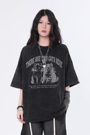 Vintage Washed Black Short Sleeve T-Shirt for Women with Niche Design - Sit and Eat Until the Mountains Are Empty Street Style Cat Graphic