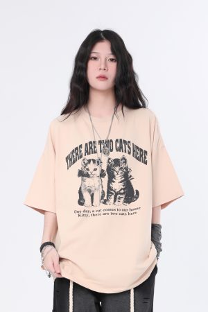 Vintage Washed Black Short Sleeve T-Shirt for Women with Niche Design - Sit and Eat Until the Mountains Are Empty Street Style Cat Graphic