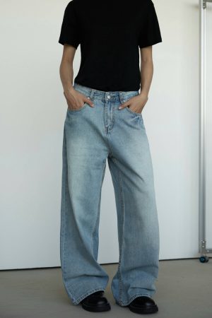Vintage Washed Blue Denim Jeans for Men and Women - Loose Straight Fit Casual Pants, 90s Style Unisex Jeans
