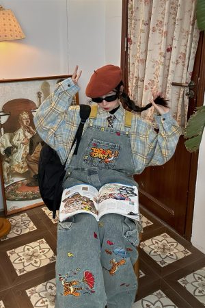 Vintage Washed Blue Denim Overalls Unisex Retro Jumpsuit for a Playful 90s Style Look - Versatile Fashion Essential