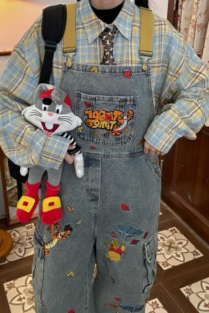 Vintage Washed Blue Denim Overalls Unisex Retro Jumpsuit for a Playful 90s Style Look - Versatile Fashion Essential