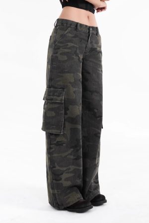 Vintage Washed Camouflage Print Mid-Low Waist Cargo Pants for Men - 90s Style Utility Trousers