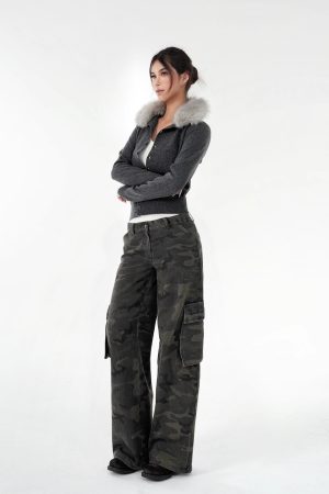 Vintage Washed Camouflage Print Mid-Low Waist Cargo Pants for Men - 90s Style Utility Trousers