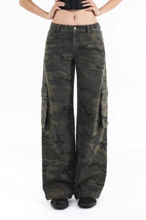 Vintage Washed Camouflage Print Mid-Low Waist Cargo Pants for Men - 90s Style Utility Trousers