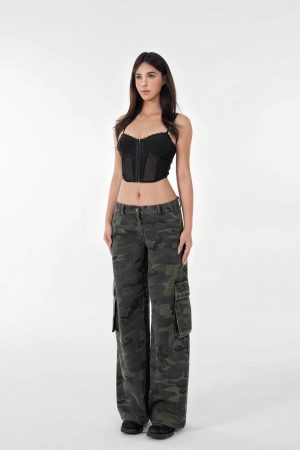 Vintage Washed Camouflage Print Mid-Low Waist Cargo Pants for Men - 90s Style Utility Trousers