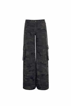 Vintage Washed Camouflage Print Mid-Low Waist Cargo Pants for Men - 90s Style Utility Trousers