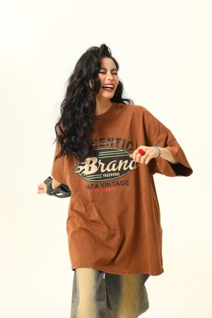 Vintage Washed Dark Brown Unisex Short Sleeve T-Shirt - Retro American Style Loose Fit Couple Tee for Summer Fashion