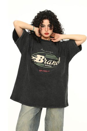 Vintage Washed Dark Brown Unisex Short Sleeve T-Shirt - Retro American Style Loose Fit Couple Tee for Summer Fashion