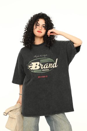 Vintage Washed Dark Brown Unisex Short Sleeve T-Shirt - Retro American Style Loose Fit Couple Tee for Summer Fashion