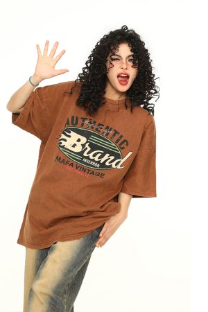 Vintage Washed Dark Brown Unisex Short Sleeve T-Shirt - Retro American Style Loose Fit Couple Tee for Summer Fashion