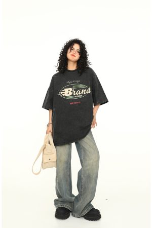 Vintage Washed Dark Brown Unisex Short Sleeve T-Shirt - Retro American Style Loose Fit Couple Tee for Summer Fashion