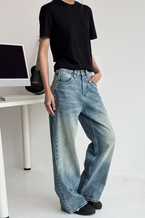 Vintage Washed Denim Pants for Men and Women - Cat Whisker Gradient, Straight Loose Fit, Casual Style, Y2K Inspired Fashion
