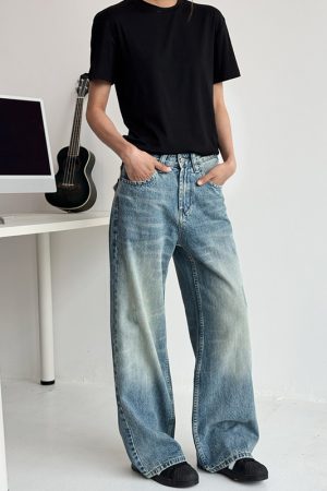 Vintage Washed Denim Pants for Men and Women - Cat Whisker Gradient, Straight Loose Fit, Casual Style, Y2K Inspired Fashion
