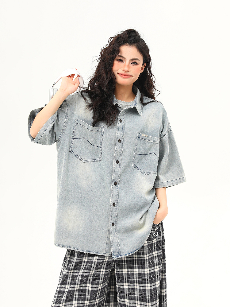 Vintage Washed Denim Short Sleeve Shirt for Women - Trendy Versatile Summer Outerwear in 90s American Style Vintage Washed Denim Short Sleeve Shirt for Women - Trendy Versatile Summer Outerwear in 90s American Style