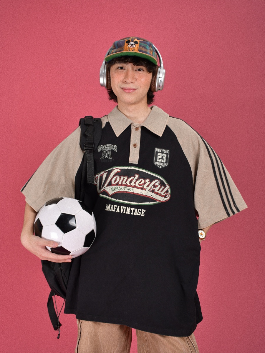 Vintage Washed Distressed Color-Blocked Polo Shirt with Letter Print, Short Sleeves, Loose Fit, Trendy Y2K Style