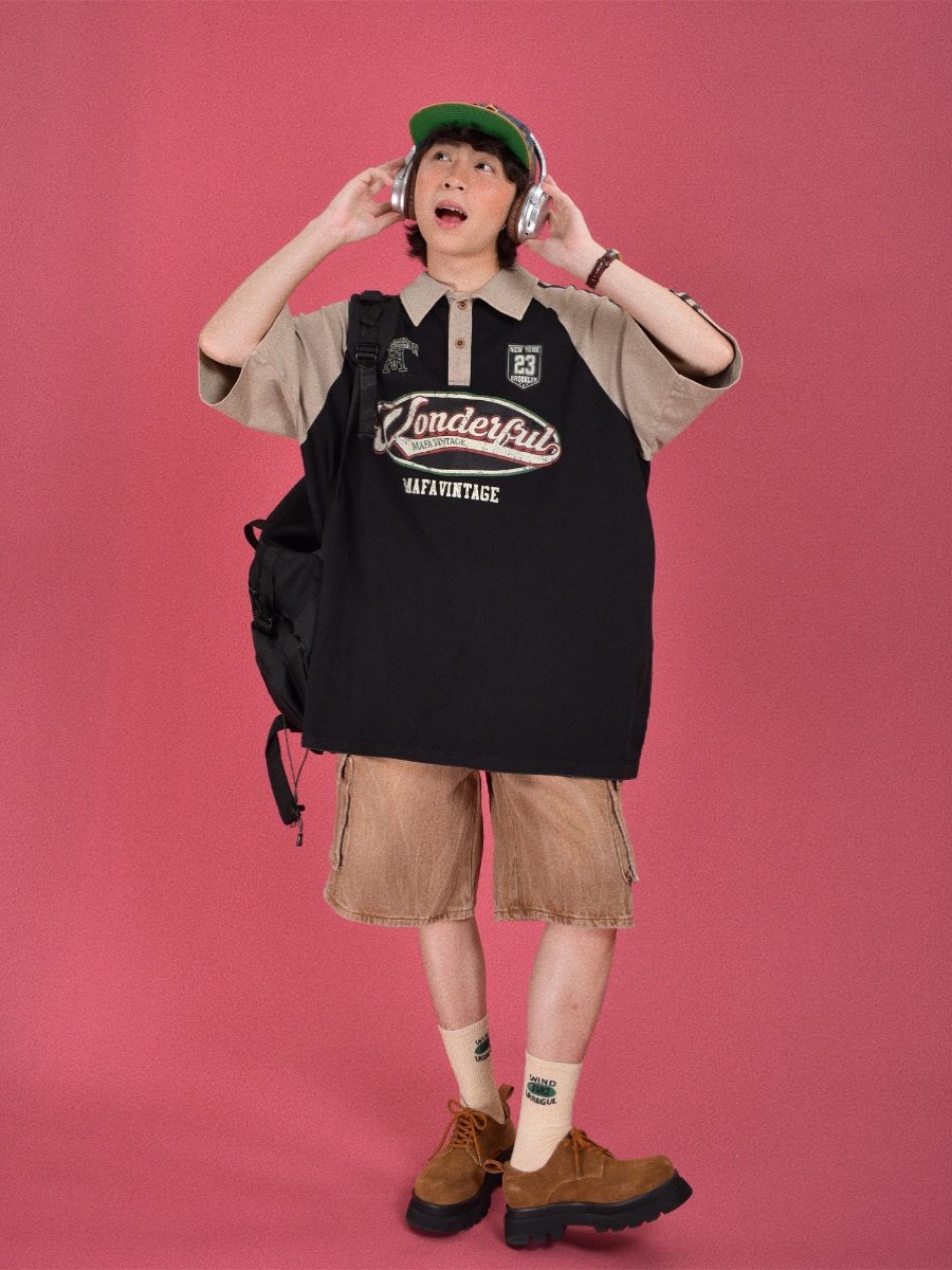 Vintage Washed Distressed Color-Blocked Polo Shirt with Letter Print, Short Sleeves, Loose Fit, Trendy Y2K Style