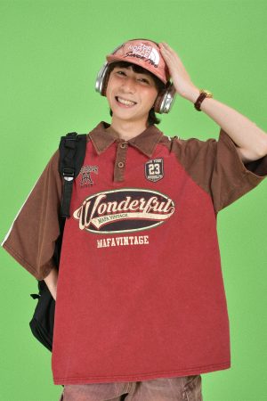 Vintage Washed Distressed Color-Blocked Polo Shirt with Letter Print, Short Sleeves, Loose Fit, Trendy Y2K Style