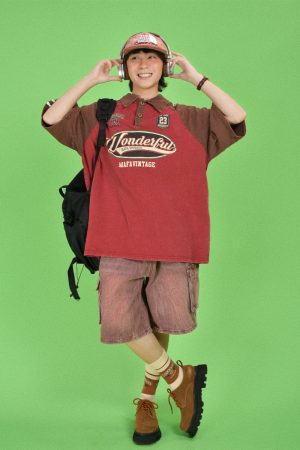 Vintage Washed Distressed Color-Blocked Polo Shirt with Letter Print, Short Sleeves, Loose Fit, Trendy Y2K Style