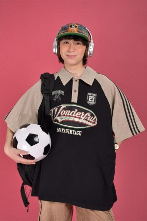 Vintage Washed Distressed Color-Blocked Polo Shirt with Letter Print, Short Sleeves, Loose Fit, Trendy Y2K Style