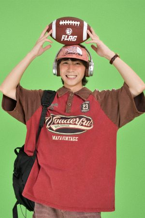 Vintage Washed Distressed Color-Blocked Polo Shirt with Letter Print, Short Sleeves, Loose Fit, Trendy Y2K Style