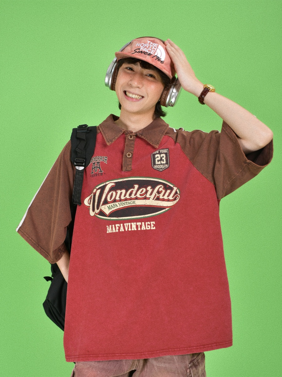 Vintage Washed Distressed Color-Blocked Polo Shirt with Letter Print, Short Sleeves, Loose Fit, Trendy Y2K Style