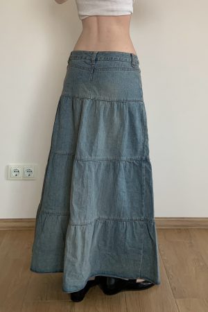 Vintage Washed Distressed Denim Long Skirt for Women, Simple A-Line Midi Skirt in Chill Blue, 90s Inspired Fashion