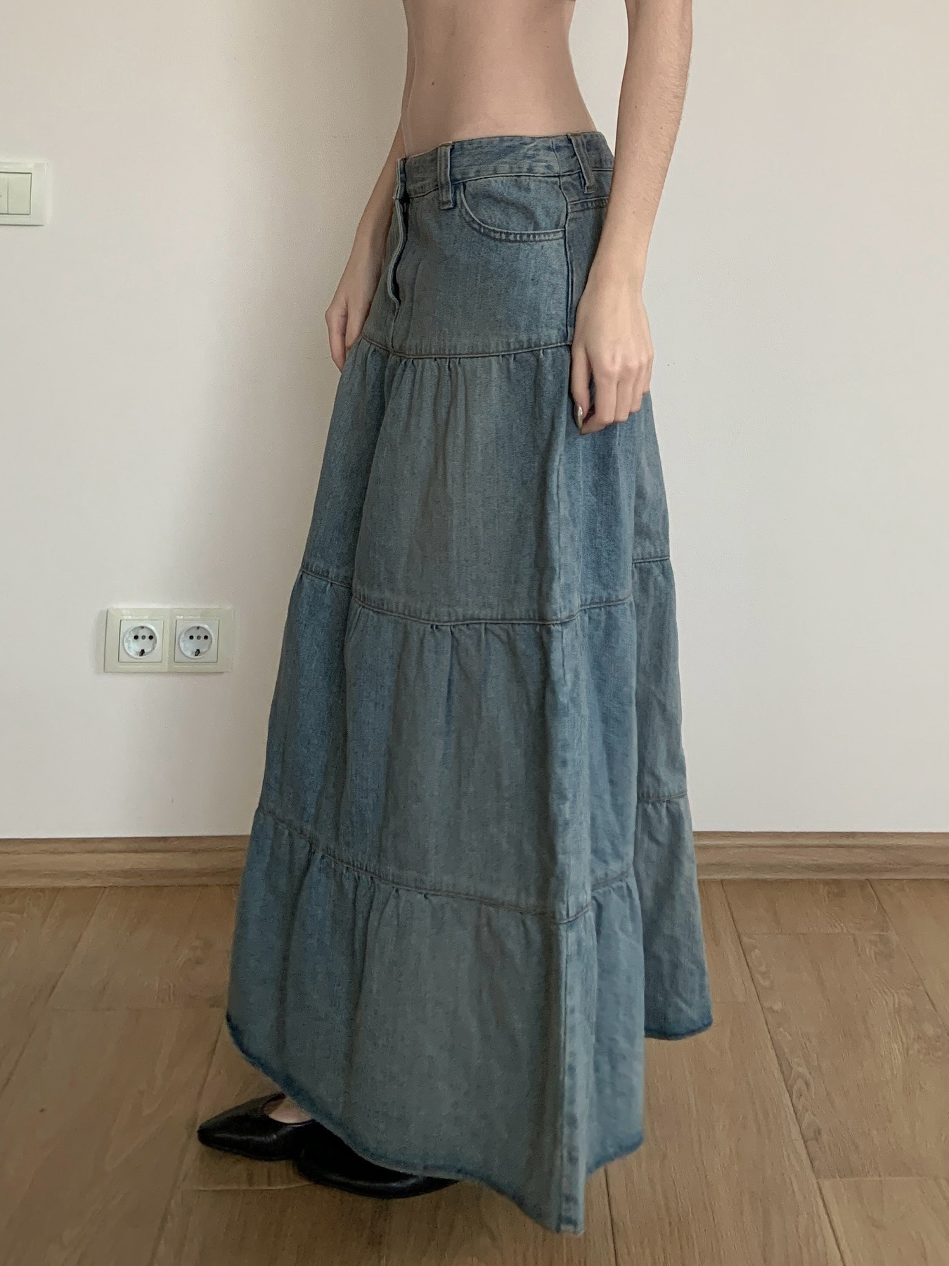 Vintage Washed Distressed Denim Long Skirt for Women, Simple A-Line Midi Skirt in Chill Blue, 90s Inspired Fashion Vintage Washed Distressed Denim Long Skirt for Women, Simple A-Line Midi Skirt in Chill Blue, 90s Inspired Fashion