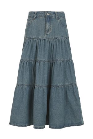 Vintage Washed Distressed Denim Long Skirt for Women, Simple A-Line Midi Skirt in Chill Blue, 90s Inspired Fashion