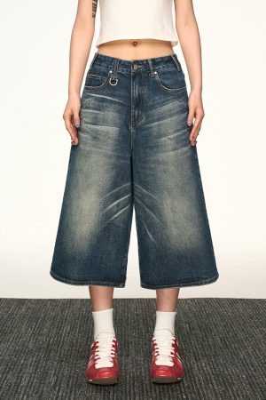 Vintage Washed Distressed Denim Shorts for Women - Loose-Fitting Three-Quarter Straight-Leg Wide-Leg Summer Style